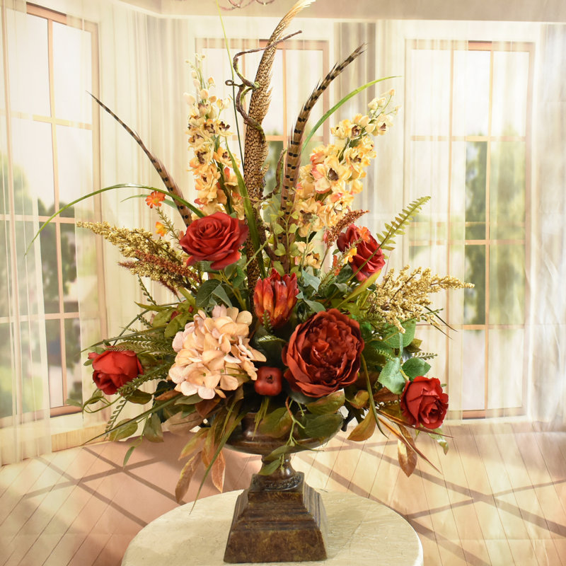 Floral Home Decor Large Silk Flower Arrangement with Feathers & Reviews